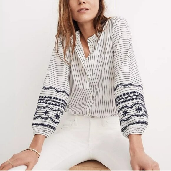 Madewell Tops - Madewell Striped Embroidered Shirt Small Blue White